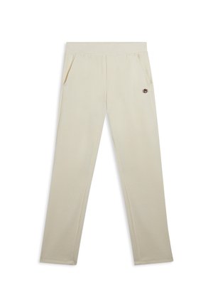 Pantalones jogger beige hechos de una tela suave, con bolsillos laterales y un detalle de logo en el lado izquierdo. Diseño de pierna recta con dobladillos limpios.
