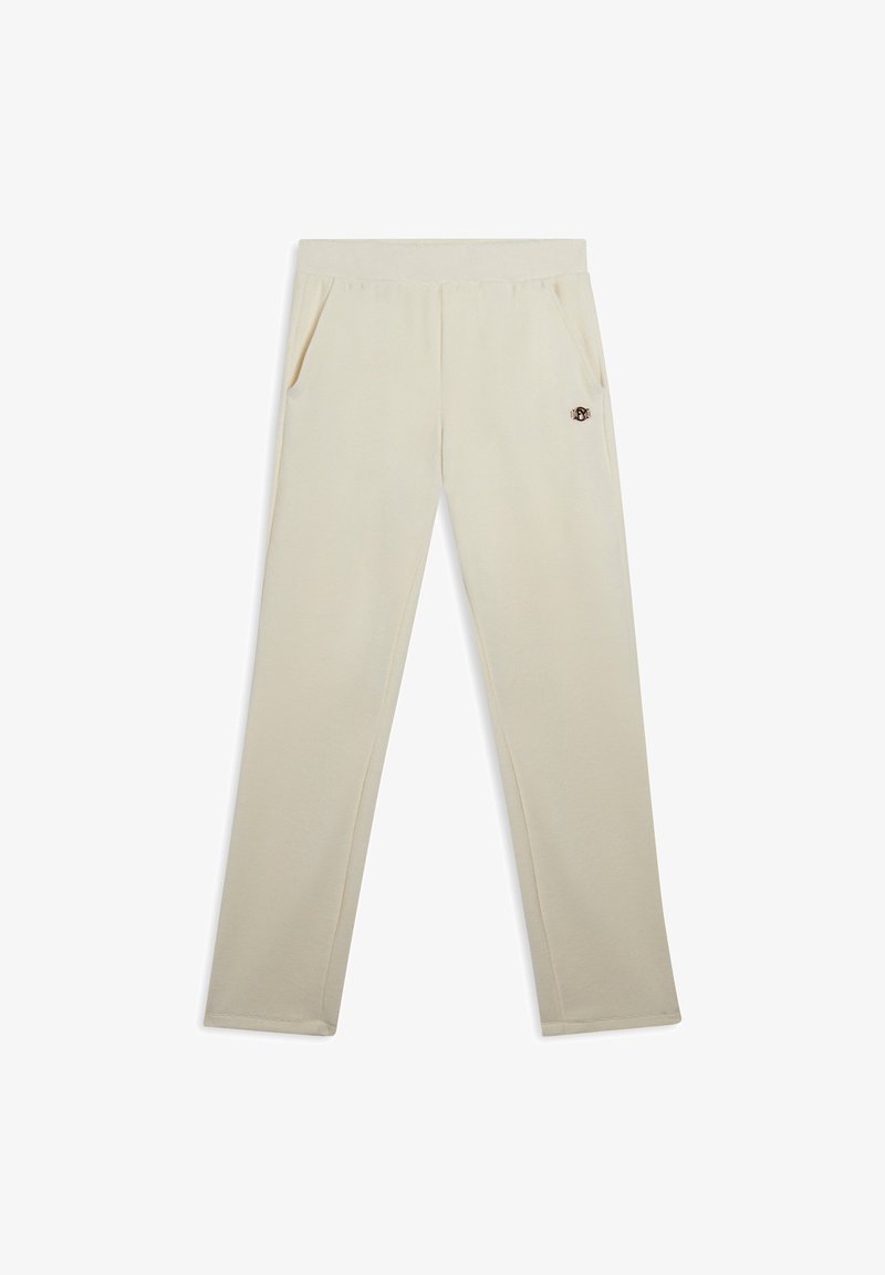 Pantalones jogger beige hechos de una tela suave, con bolsillos laterales y un detalle de logo en el lado izquierdo. Diseño de pierna recta con dobladillos limpios.