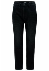 Jeans de mezclilla negra con corte recto, que presentan un cierre de botón y presillas para el cinturón. La tela tiene una textura suave y un desvanecimiento mínimo.