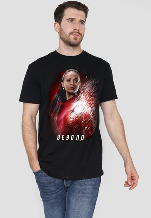 Black cotton t-shirt featuring a graphic design with a woman's portrait and "BEYOND" text in a white font, surrounded by red and silver abstract elements.