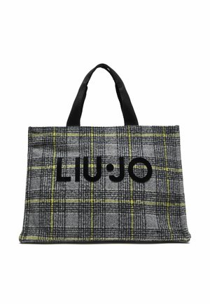Grå og gul ternet mulepose med sorte håndtag og fed sort "LIU·JO" mærkebogstaver på fronten.