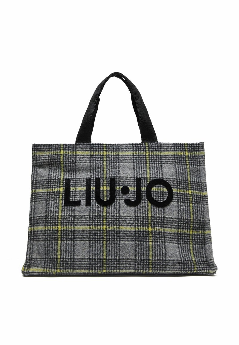 Sac cabas à carreaux gris et jaune avec poignées noires et lettrage noir gras "LIU·JO" sur le devant.