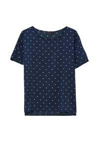 T-shirt a maniche corte blu navy con pois bianchi. Collo rotondo, tessuto morbido, vestibilità ampia e fondo dritto.