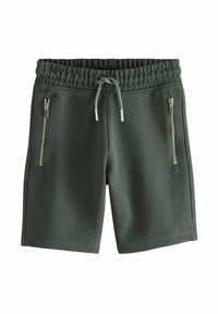 Gröna mesh-shorts med elastisk midja, dragsko och två fickor med dragkedja på sidorna. Texturerat tyg för andningsbar komfort.