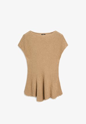 Maglione corto a maniche corte color sabbia con scollo a barca e orlo leggermente svasato con frange, disteso su sfondo bianco.