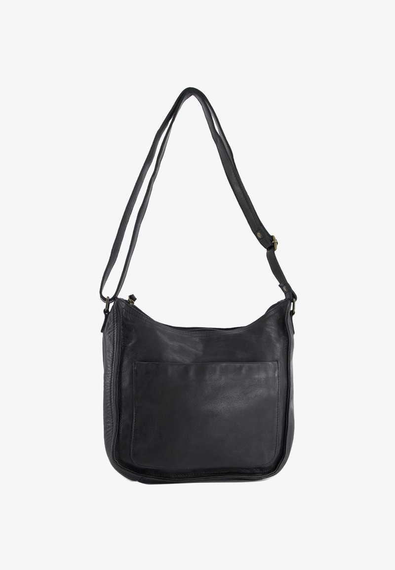 Black leather shoulder bag with a large front pocket and adjustable strap, shown against a white background.