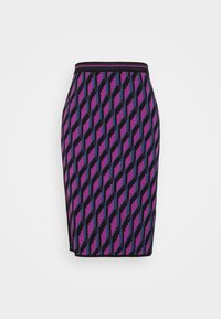 Gonna a tubino in maglia con motivo geometrico in viola, nero e blu, dalla silhouette aderente e con fascia in vita nera.