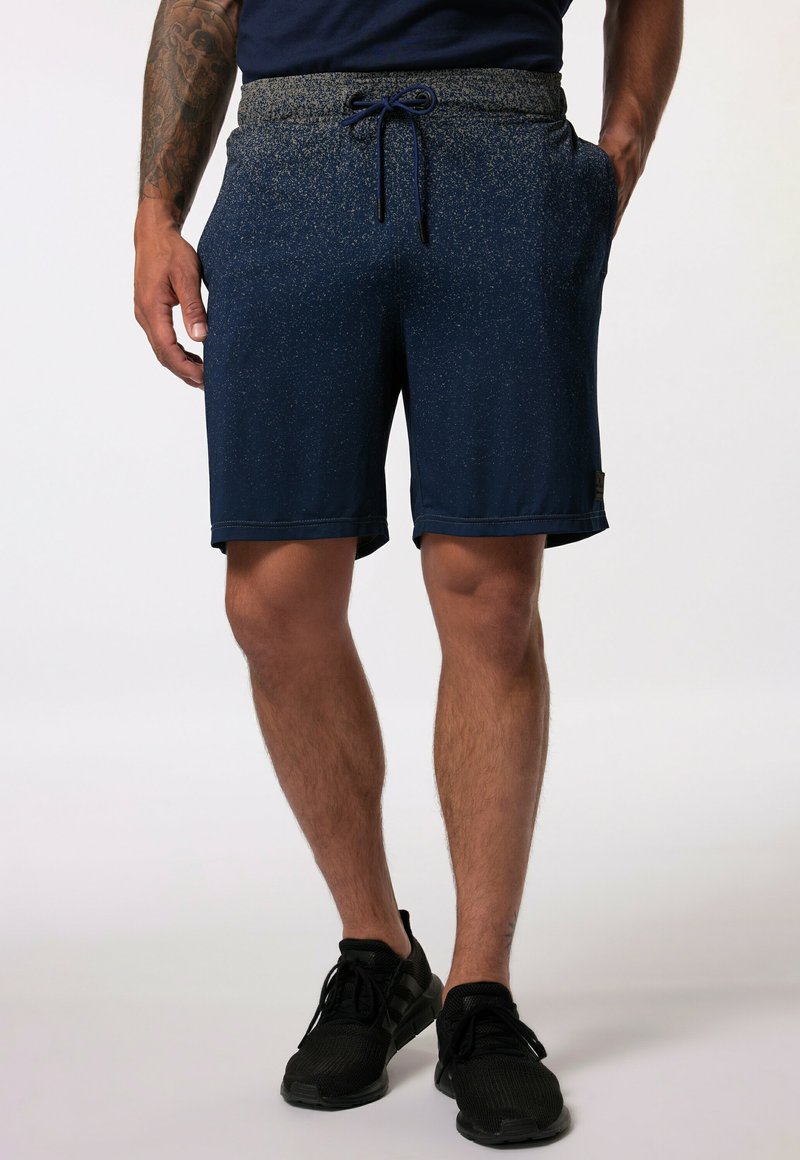 Mørkeblå atletiske shorts med en spraglet tekstur, elastisk talje og justerbar snor. Har sidelommer og et sort mærkeltag.