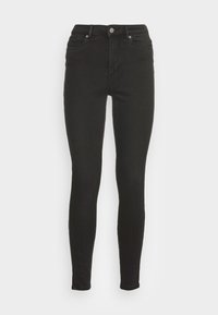 Jeans ajustados negros de denim con cintura alta, bolsillos delanteros y un acabado mate. Presenta un botón metálico y presillas para cinturón.