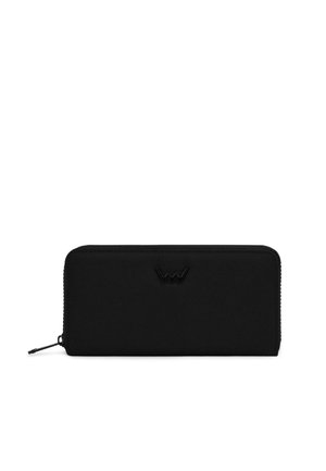 Black zippered wallet made from fabric, featuring a textured surface and an embossed logo on the front. Rectangular shape.