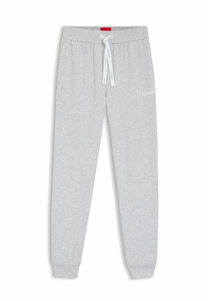 Lichtgrijze joggingbroek van zachte stof, met een tailleband met trekkoorden en logodetail, en taps toelopende pijpen.