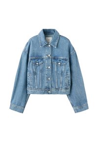 Light blue cropped denim jacket with long sleeves, button front, two chest flap pockets, and a classic collar.