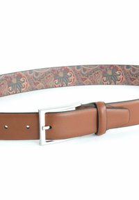 Brown leather belt with a silver rectangular buckle, featuring a patterned textile lining in shades of red and blue along the inner side.