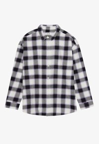 Camicia a bottoni in grigio chiaro e scuro con un motivo a quadri nero e viola. Materiale in cotone, maniche lunghe e design classico del colletto.