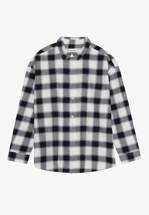 Hele särgid helesinise ja tumeda halli värviga musta ja lilla ruudulise mustriga. Puuvillane materjal, pikad varrukad ja klassikaline krae.