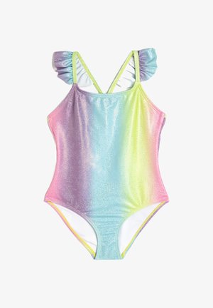 Jednoczęściowy kostium kąpielowy z falbanowymi ramiączkami, w odcieniach pastelowych kolorów: różowym, niebieskim i zielonym, z błyszczącym wykończeniem.