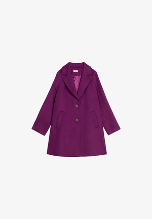 Lila Wolljacke mit langen Ärmeln, Reverskragen, drei vorderseitigen Knöpfen und zwei Seitentaschen. Glatte Innenauskleidung.