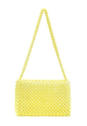 Borsa a mano gialla con forma rettangolare strutturata, dotata di una tracolla di perline e una superficie texture creata da perline rotonde.