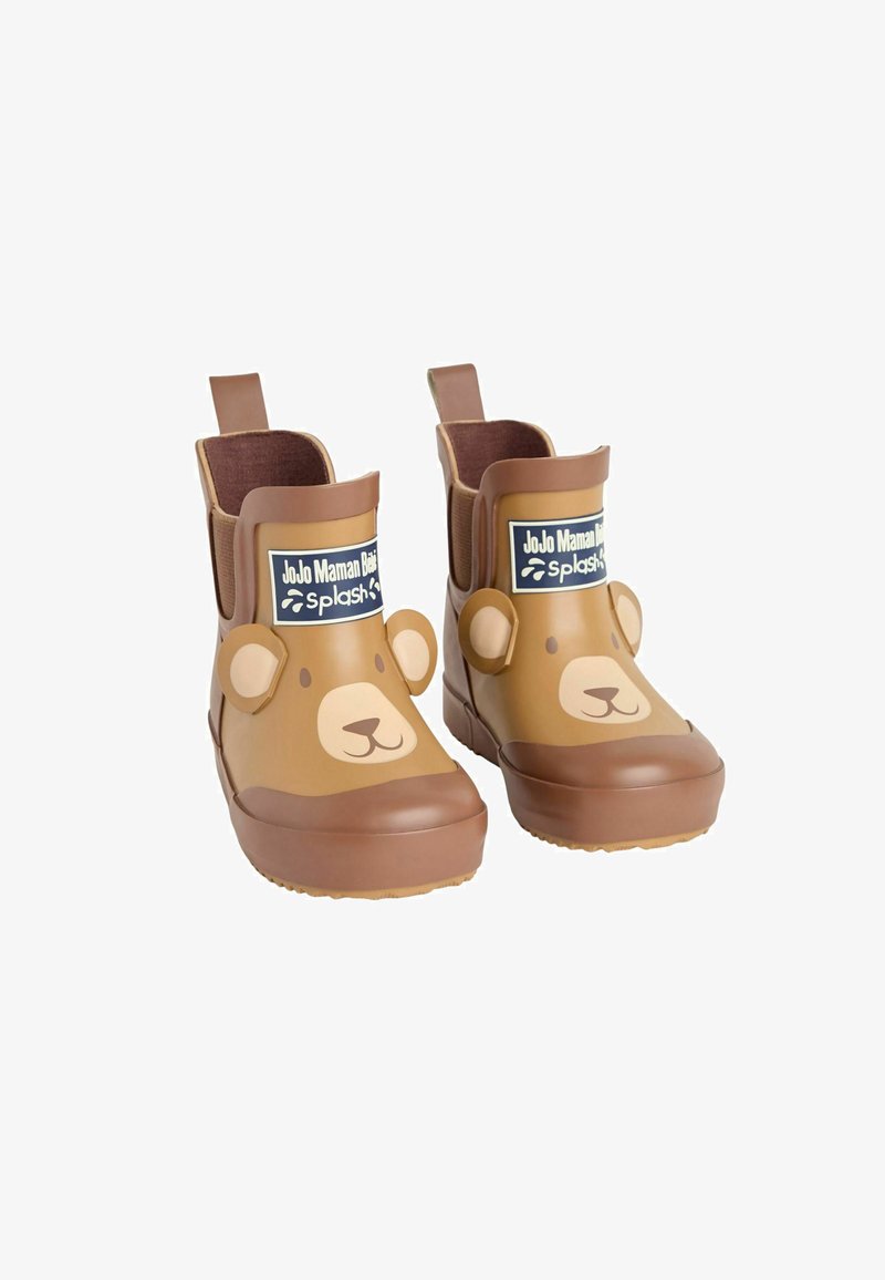 Botas de lluvia de goma marrón con un diseño de cara de oso, con una puntera marrón y un cuerpo de color más claro en contraste. Incluye una etiqueta de la marca en la parte delantera.