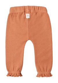 Rustkleurige geribbelde babybroekjes met een elastische taille, voorzien van ruches aan de enkels. Lichtgewicht, zachte textuur.