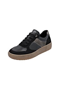 Schwarze und graue Sneakers mit einem Obermaterial aus glattem Leder und Wildleder, strukturierten Gummisohlen, runder Zehenpartie und kontrastierenden Seitenakzenten. Schwarze Schnürsenkel.