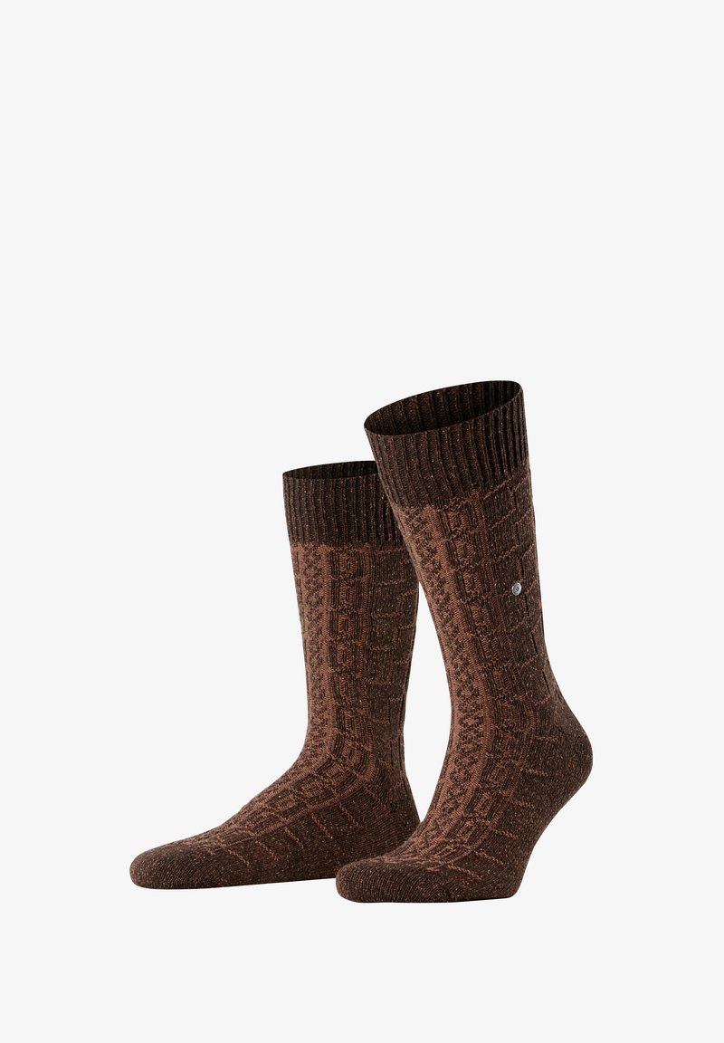 Calze di lana marroni lavorate a maglia con un motivo texture, polsino a coste e una leggera lucentezza. Realizzate in materiale morbido con una vestibilità aderente.