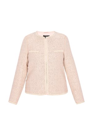 Chaqueta de tweed beige con cuello redondo, dos bolsillos delanteros y una textura suave con un borde contrastante a lo largo de los bordes.