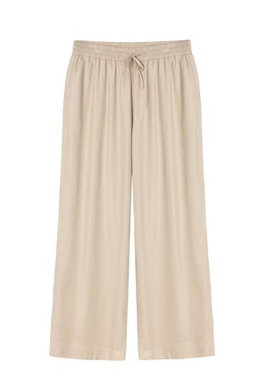 Beige broek met wijde pijpen, elastische tailleband en trekkoord, gemaakt van lichtgewicht stof, geschikt voor casual gebruik.