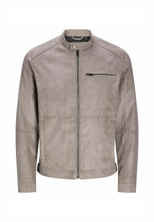 Světle šedá kožená bunda s kulatým límcem, předním zipem a jednou zipovou kapsou na hrudi. Hladká textura s minimálními švy.