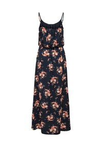 Hihaton musta maxi-mekko, jossa on persikan- ja valkoisia kukkakuoseja, säädettävät ohuet olkaimet ja kerätty vyötärö.
