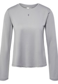 Langärmliges Sporthemd in Hellgrau, aus atmungsaktivem Material gefertigt. Verfügt über dezente Chevron-Details auf der Brust und einen runden Halsausschnitt.