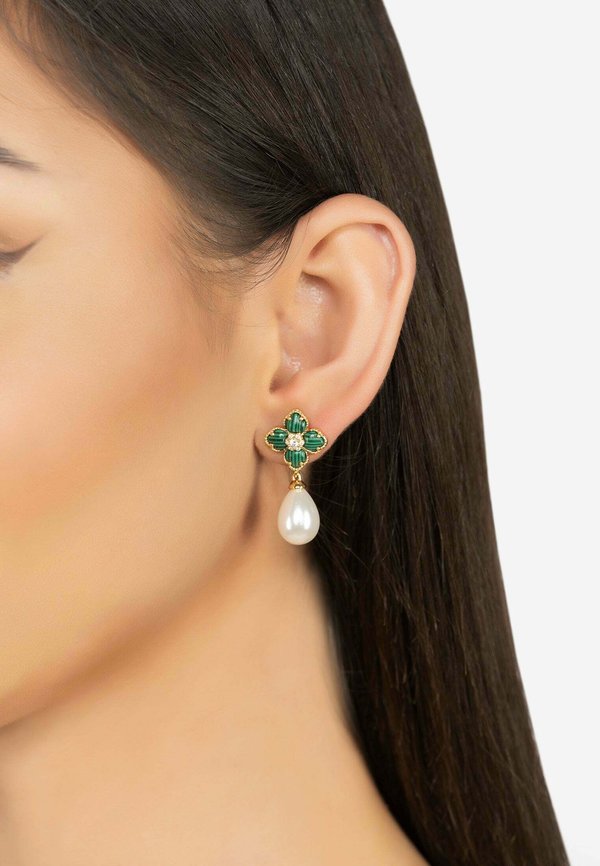 FLOWER CLOVER PEARL DROP MALACHITE  - Earrings