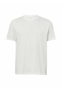 White cotton t-shirt with a round neckline and short sleeves. Soft texture, minimalistic design, featuring a small logo on the front.