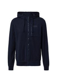 Marineblauwe ritssluiting hoodie met een voorzak, verstelbare capuchon, ribgebreide manchetten en een gladde textuur. Bevat een klein logo op de borst.