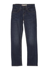 Jeans de mezclilla azul oscuro con diseño de pierna recta, cinco bolsillos, costuras en dorado contrastante y cierre con cremallera. Sin adornos visibles.