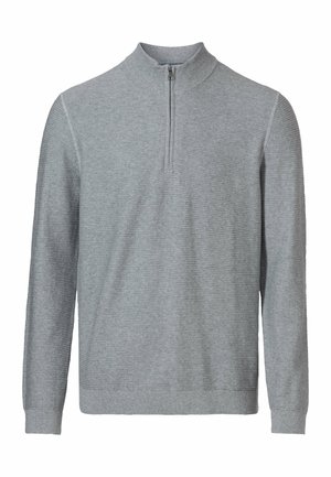 Grau gestrickter Pullover mit einem Viertel-Reißverschluss am Hals, gerippter Stoffstruktur, langen Ärmeln und eng anliegenden Bündchen, der ein modernes und vielseitiges Design bietet.