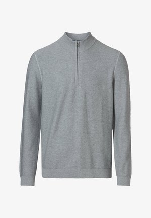 Maglione grigio a collo alto con zip a un quarto, texture in tessuto a coste, maniche lunghe e polsini aderenti, che offre un design moderno e versatile.