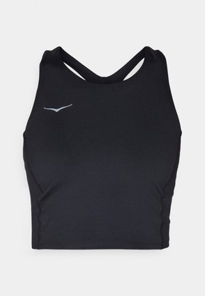 Black athletic crop top with a crossback design, made from smooth, stretchy fabric; features a small light blue logo on the front.