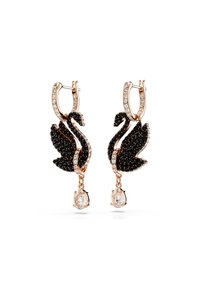 Schwarze und roségoldene Ohrringe in Form von Schwänen, mit schwarzen Steinen, klaren Tropfenakzenten und funkelnenden Details entlang des geschwungenen Körpers.