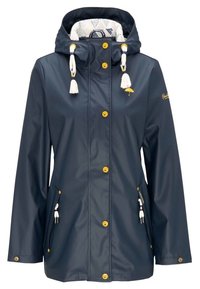 Veste imperméable marine avec capuche, boutons dorés, poches latérales et cordons décoratifs. Doublée d'un tissu à motifs.