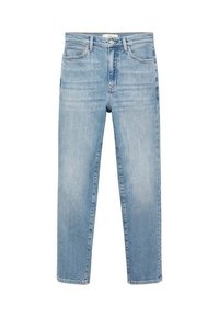 Jeans de mezclilla azul claro con corte recto, diseño de cinco bolsillos y un sutil desgastado en los muslos. Cierre frontal con botón y cremallera.