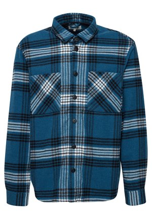 Blå rutete flanellskjorte med svart og hvite detaljer, med knappes front, krage og to brystlommer med mønster.