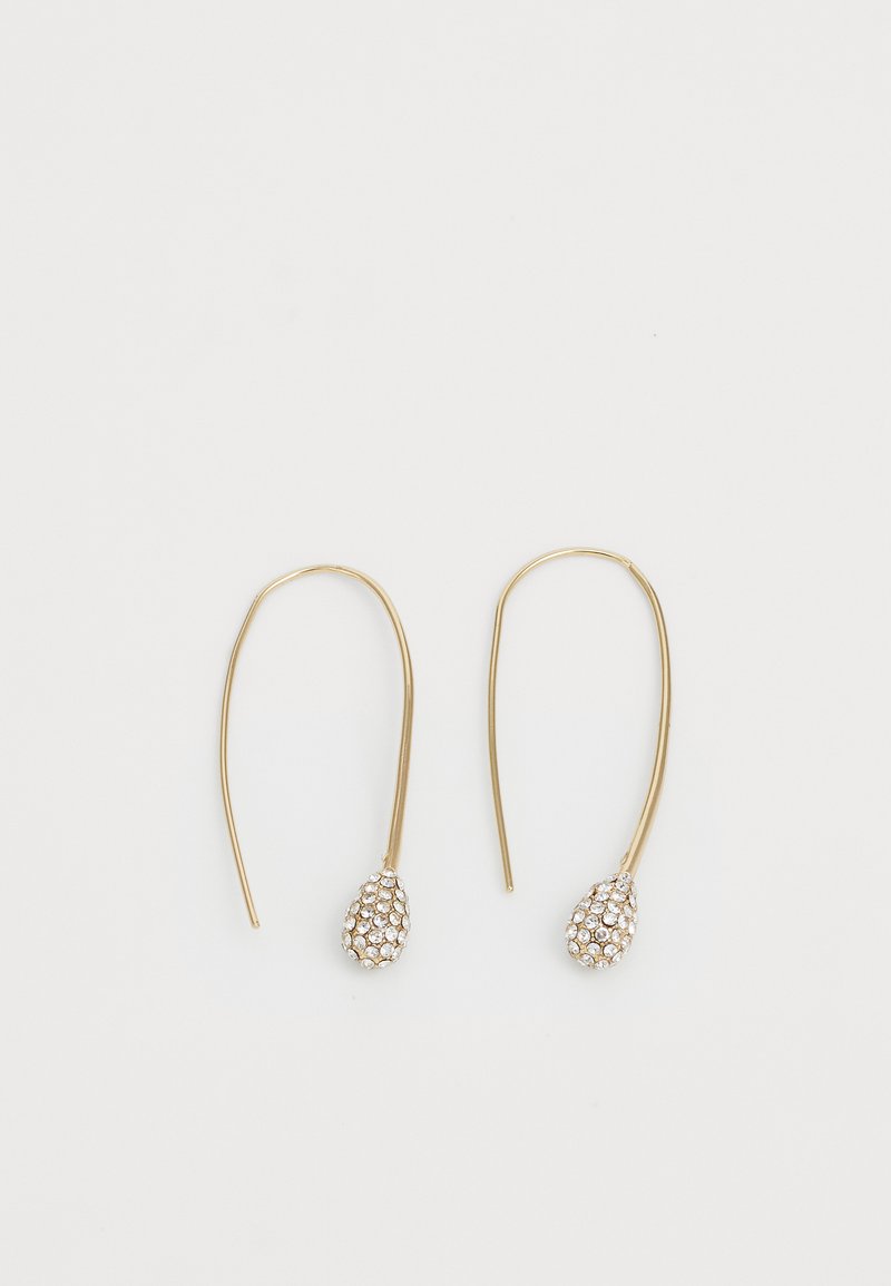 Gold-tone earrings with a curved hook design, featuring teardrop-shaped accents covered in small clear rhinestones.