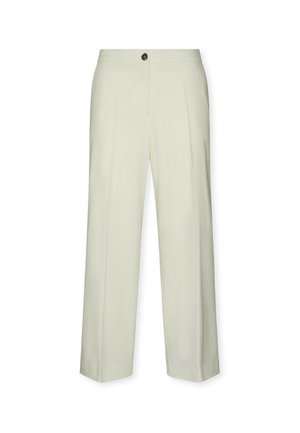 Pantaloni a gamba dritta color crema con piega frontale, chiusura con bottone e vita, mostrati su sfondo bianco.