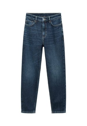 Dark blue denim jeans with a high waist, straight leg design, and back pockets. Fabric has a slight texture with subtle fading.