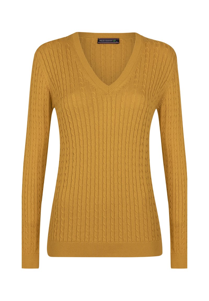 Maglione a collo a V di colore giallo senape, con maniche lunghe e texture a costine caratterizzata da fantasie a treccia.