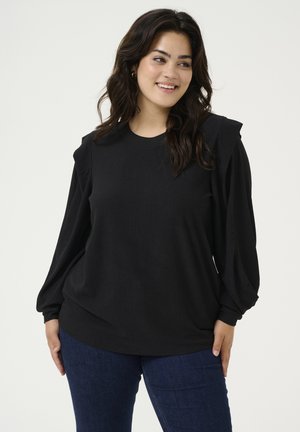 Black ribbed long-sleeve top with puff sleeves and a round neckline, paired with dark blue denim jeans.