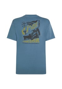 Lichtblauw katoenen T-shirt met een grafische print van een zon, golf, surfplank en tekst "O'Neill Surf Morning Star" op de achterkant.