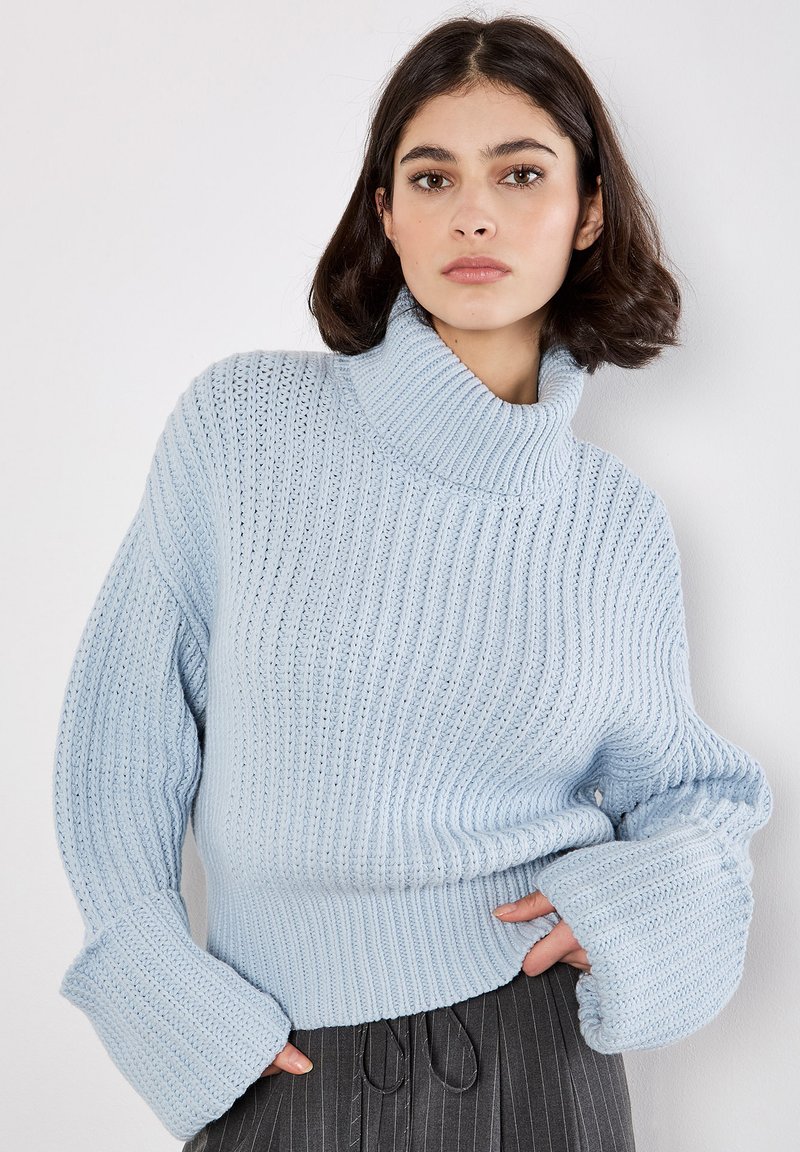 Maglione lavorato a maglia di colore azzurro chiaro con colletto alto a coste, maniche larghe e un motivo testurizzato. Presenta un design corto con una vestibilità rilassata.