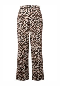 Leopardenmuster-Hosen mit hoher Taille, weitem Bein, beiger Basis, schwarzen und braunen Flecken sowie einem Knopfverschluss an der Taille.